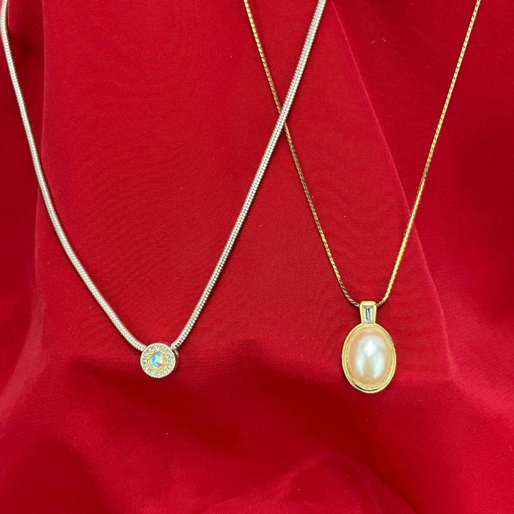 Avon 2 Pendant Necklaces Rhinestone Round Snake Chain And Gold Chain W Opal Pend